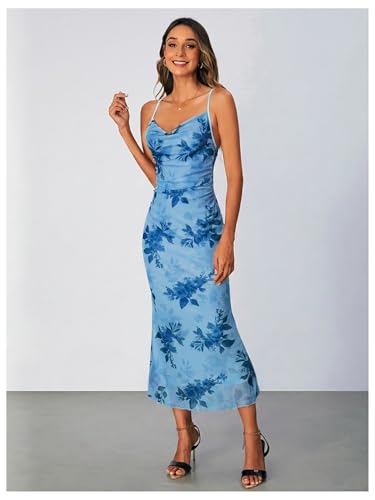 Image of SOLY HUX Women's Floral Mesh Bodycon Cami Dress Cowl Neck Sleeveless Cocktail Party Wedding Guest Long Maxi Dresses