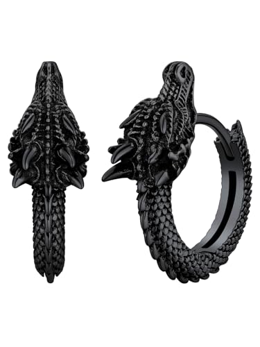 Black Dragon Earrings S925 Sterling Silver Small Hoop Earrings for Men, Fashion Huggie Hoop Earrings