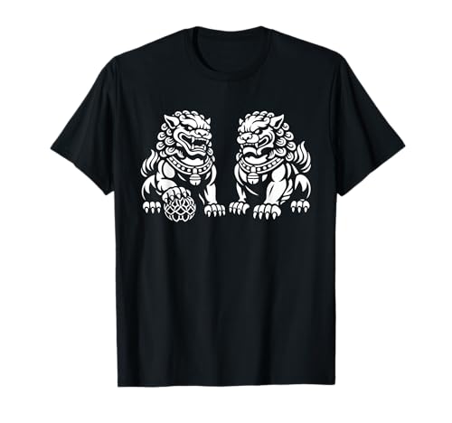 Guardian Lion Dogs Duo Line Art Fierce Temple Protektoren T-Shirt