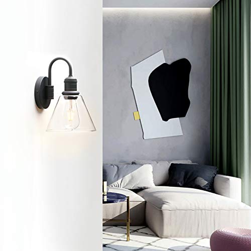 Yosoan 1-Light Vintage Industrial Fixture Light, Funnel Flared Clear Glass Shade With Elegant Gooseneck Curved Rod Wall Sconce For Bathroom Porch Kitchen Living Room Hotel Bar Foyer(Black) #TOP4