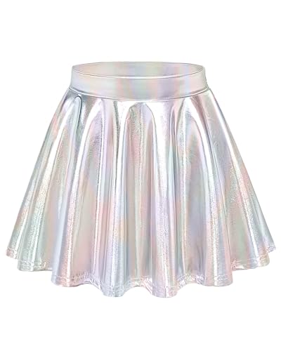 Auranso Girls Metallic Skater Skirt Sparkly Shiny Flared Pleated A-Line Mini Skort Silver 8-10 Years cover