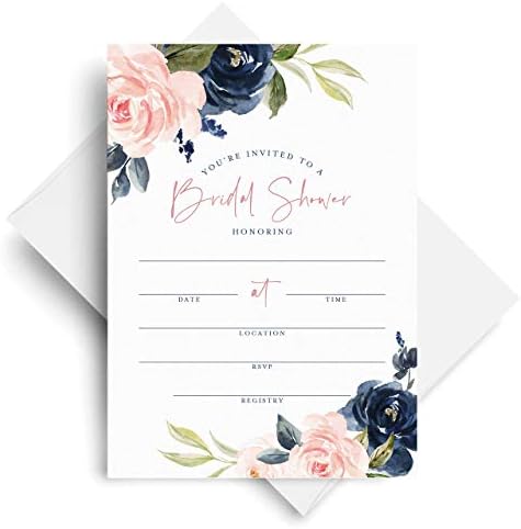 Bliss Collections Bridal Shower Invitations with Envelopes, Navy Floral, Invites for Weddings, Showers, Parties and Receptions, 5"x7" Single-Sided Cards (25 Invitations and Envelopes)
