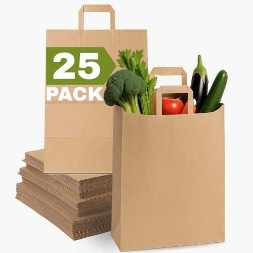 Qutuus Large Brown Paper Bags with Handles - 12x7x17 inches 25pcs Brown Paper Grocery Bags with Handles Bulk Large Reusable Shopping Bag for recycling trash togo retail.