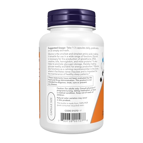 Image of NOW Foods Supplements, Glycine 1,000 mg Free-Form, Neurotransmitter Support*, 100 Veg Capsules