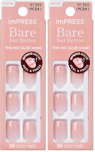 KISS imPRESS No Glue Mani Press-On Nails, Color, 'Instinct', Light Pink, Short Size, Squoval Shape, Includes 30 Nails, Prep Pad, Instructions Sheet, 1 Manicure Stick, 1 Mini File (Pack of 2)