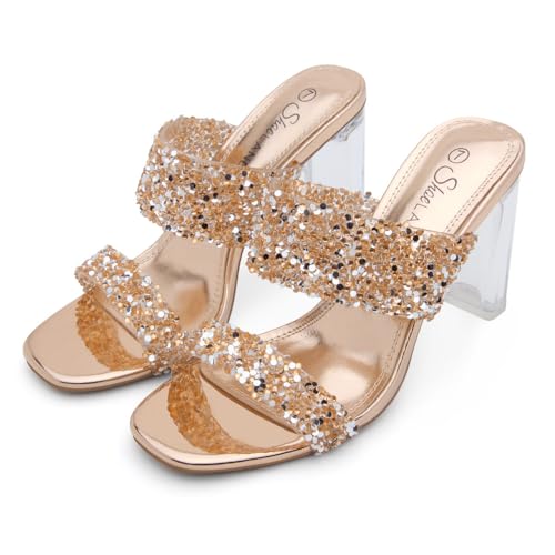Image of Shoe Land Clear Heels for Women, Transparent Two Strap Chunky Block High Heel Mules, Slip On Square Toe Dressy Sandals for Wedding, Party, Prom