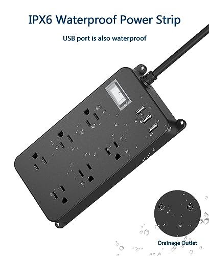 Outdoor Power Strip Weatherproof with USB,Waterproof Surge Protector,3 USB Ports, 6 Outlets,Multi Plug Electrical Outlet for Camping,Garden,Home Office Patio Porch,etc,15FT Cord,Flat Plug