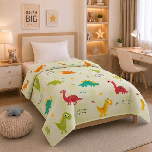 Image of Filymore Kids Comforter for Single Bed 90 x 60 Inches | Green Dinosaur Print Comforter | Soft Microfiber Reversible AC Blanket | Lightweight All Season Quilt for Boys & Girls | Ultra Soft Bedding