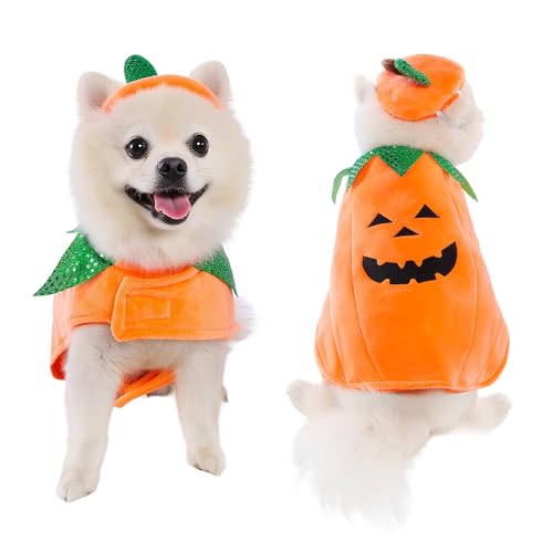 Mogoko Dog Pumpkin Costumes Pet Halloween Cosplay Dress Cute Pumpkin Pet Outfits Fleece Outfits Warm Clothes with Hat for Dogs(M Size)