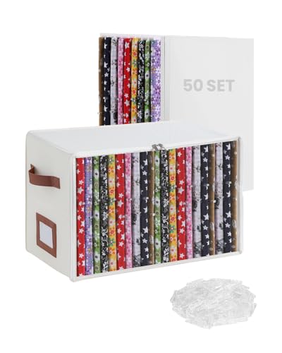 Qozary Fabric Storage Box with 8.5 x 11 Inch Fabric Organizer Boards, 251 PCS Sewing Organizer Set, Oxford Cloth Bin, 50 Poster Boards, 200 U Shape Clips for Quilting, Craft Room, Closet Organization
