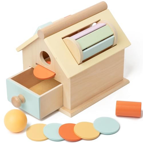 Image of Montessori Toys for Babies 6-12 Months, Wooden Baby Toys, 5 in 1 Wooden Toys for Babies with Object Permanence Box, Ball Coin Drop Toy House, Rainbow Spinning Drum&Shape Sorter for 1 Year Toddlers