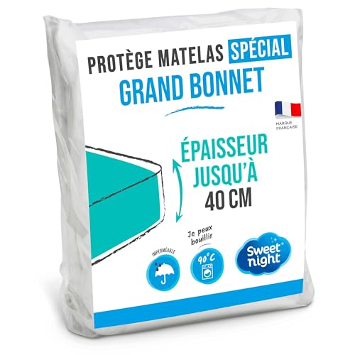 SWEET NIGHT - Protège Matelas Grand Bonnet | pour Bonnet jusqu'à 30cm/35cm/40cm | 180x200x30 cm | Alèse Imperméable | Lavable à 90°C