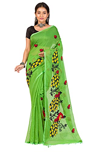 Sari bengali en coton et soie vert avec son chemisier assorti brodé
