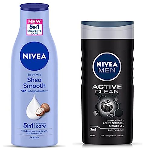 Image of Nivea Body Lotion For Dry Skin, Shea Smooth, With Shea Butter, For Men & Women, 200 ml & Nivea Men Body Wash, Active Clean With Active Charcoal, Shower Gel For Body, Face & Hair, 250 ml