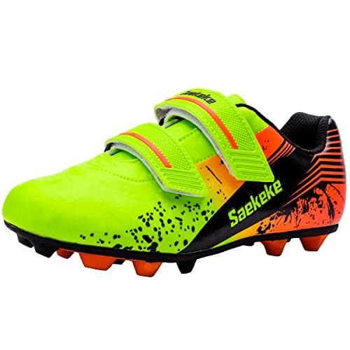 Saekeke Chaussures de Football Enfant Garçon FG/MG Fille Double Velcro Chaussures de Foot Légères D'entraînement Antidérapant Vert Brillant Orange Noir 31EU Cover