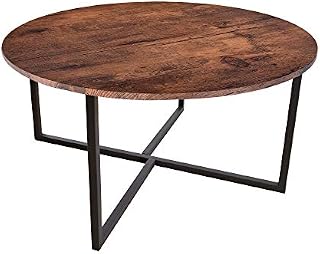 DUMEE Round Coffee Table Industrial Wooden Cocktail Table with Sturdy Steel Frame for Living Room, Bedroom, Black and Rustic Brown