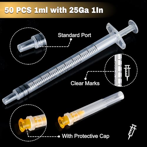 Image of 50 Pack 1ml Syringes with Needle-25Ga 1 Inch, Individually Sealed Packaging