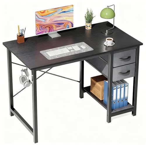 Smug Small Computer Desk with 2 Drawers 40 Inch Home Office Desk Modern Simple Study Writing Table with Storage Shelf for Bedroom, Black