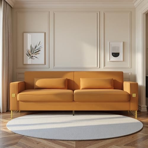 (Sofa) Luxury Velvet Sofa with Gold Accents 3 Seat Couch