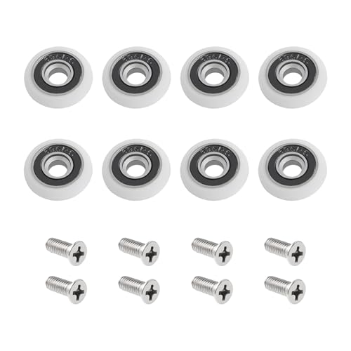 Paquete de 8 rodillos para puerta de ducha con tornillo M5, camino de puerta curvado blanco con piezas de rueda excéntricas, ruedas de ducha y rodillos de repuesto para puertas correderas de vidrio,