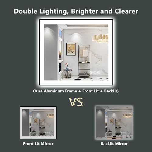 Image of 32x36 Black LED Bathroom Mirror Backlit & Front Lit Lighted Mirror | Anti-Fog Vanity Mirror with Lights, 3 Color Dimmable, Memory, Shatter-Proof, Tempered Glass, CRI95, UL Listed, Wall Mounted