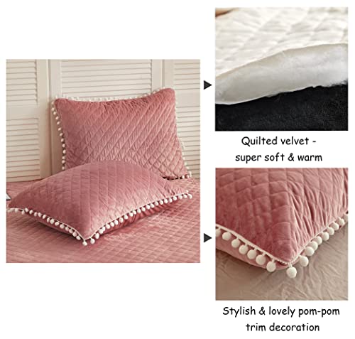 Liferevo 2 Pack Diamond Quilted Velvet Bed Pillowcases, Pom Poms Fringe Decorative Throw Pillow Shams Set Of 2, Soft Bed Pillow Cases Zipper Closure For Teen's Girls Bedroom (Old Pink, Standard/Queen) #TOP5