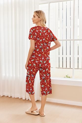 Image of Ekouaer 2 Pack: Women's Pajamas Set Short Sleeve Sleepwear Capri Pants Pjs Soft Loungewear with Pockets
