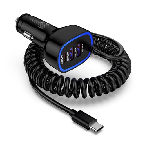 Galaxy Z Flip7/FE/Fold7/A56/A16/A15/5G/S25 Ultra Pixel 9a 9 8 iPhone 16e 16 Pro Max用 60W Type C 超高速 Samsung カーチャージャー 4ポート USB C & USB A 車用電話充電器アダプター+4フィート Type Cコイルケーブルの商品画像（Amazon）