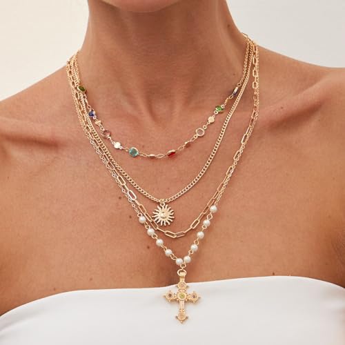 Cross Necklace for Women Gold Long Chain Layered Crystal Cross Pendant Statement Necklace Summer Beach Boho Jewelry2