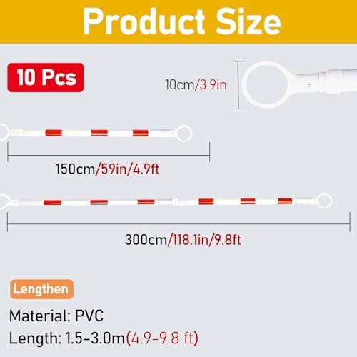 10 Pack 5-10 FT Retractable Traffic Cone Bar, Expandable Safety Barrier Connectors, Lightweight Plastic Road Block for Parking Lots & Construction Sites
