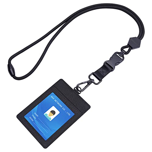 Porte-badge Wisdompro,Cordon robuste de 58.4 cm avec badges d'identité, boucle de sécurité amovible, 1 fenêtre transparente pour carte d'identité et 2 emplacements pour cartes de crédit,Noir vertical Cover