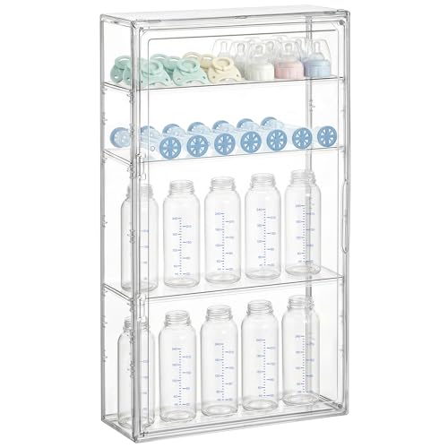 Image of HBlife Baby Bottle Storage Organizer Wall Mount, 4 Tiers Adjustable Clear Acrylic Bottles Storage Station Case Box Container with 3 Removable Dividers and Magnetic Door for Countertop Cabinet, Large