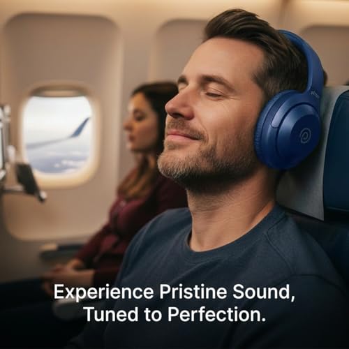 Image of pTron Studio Classic w / 75Hrs Playtime, Wireless Over Ear Headphones w /HD Mic, Dual Device Pairing, TruTalk AI-ENC Calls, Low-Latency Game & Music, Deep Bass, BT5.4 & Type-C Charging (Blue)