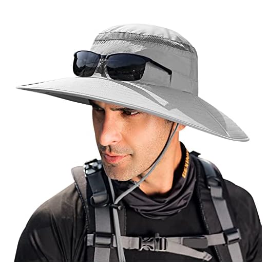 Mens Wide Brim Sun Hat UPF 50+ Waterproof Bucket Hat Summer UV Protection Sun Caps Boonie Hat for Fishing, Hiking, Camping (Light Grey)