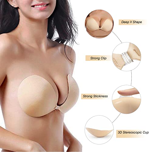 queensecret Adhesive Bra, Push up Strapless Self Adhesive Bra, Invisible Silicone Bra for Backless Dress (C, Royal Beige)