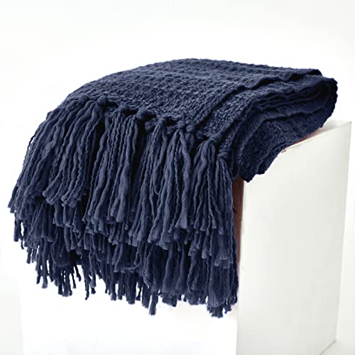 Chunky Knit Throw Blanket, Navy Soft Warm Cozy Bed Oversized Throw Blanket With Tassels, Boho Style Textured Knitted Home Decorative Blanket For Couch, Sofa &Bed, 60"X80" #TOP4
