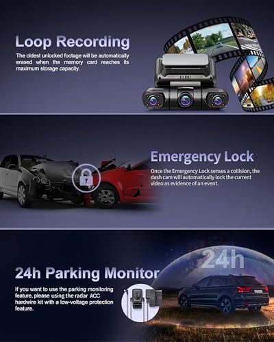 Rhorawill 4 Canali Dash Cam,Rotazione a 360° Anteriore Posteriore All'interno Sinistra Destra Dashcam Auto,Radar Rilevamento & Movimento Modalità Parcheggio,5G WiFi GPS,3" Libero 128GB,Hardwire Kit - 6