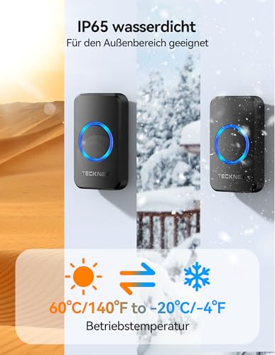 TECKNET Funkklingel, IP65 Funk klingel Aussen Wasserdicht, Kabellose Türklingel Set 600M Reichweite, Haustür Klingel kit mit 1 Plug-In-Empfänger und 2 Sender, 60 Melodien doorbell Mit LED-Blitz