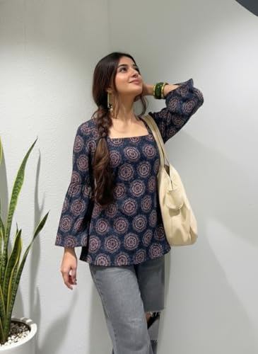 Image of ANNI Designer Women's Viscose Blend Printed Short Kurti | Straight Fit Casual Ethnic Top | Square Neck Full Sleeve Kurta Office College