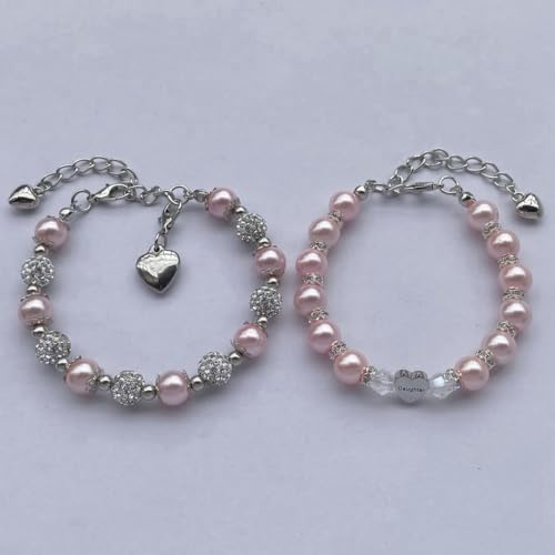 Image of DOLON 2 Pcs Imitation Pink Pearls Crystal Beads Heart Charm Bracelets Gift for Granddaughter,Sister,Daughter with Graduation Birthday Christmas First Day Wish Card