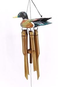 Bambus-Klangspiel mit geschnitzter Holz Ente, Stockenten Spiel, 80cm | Geschenk-Windspiele