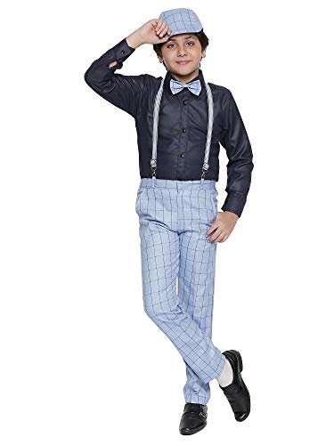 Image of Boys Blue Checked Suspender Pant Set with Shirt, Bow and Cap (1103X)