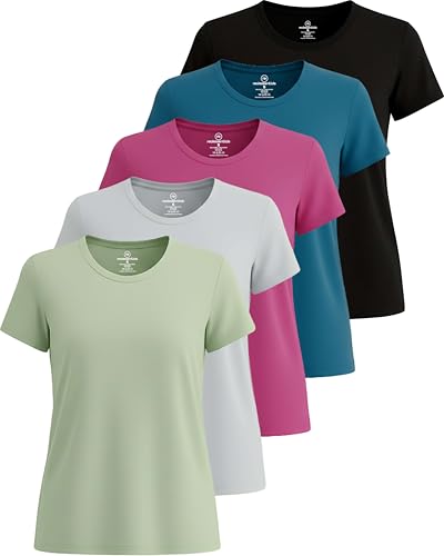 Image of Real Essentials 5 Pack: Women's Dry Fit Tech Stretch Short-Sleeve Crew Neck Athletic T-Shirt Available in Plus Size Set Medium