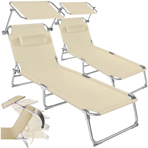 tectake® Set de 2 Chaise Longue Pliante Bain de Soleil Exterieur avec Pare Soleil & Appuie-tête Chaise Longue inclinable Transat de Plage Relax Jardin...