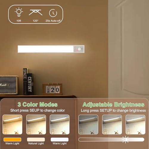 Image of 3 Color Tempers Dimmable Under Cabinet Lights Wireless[2 Pack], Rechargeable LED Motion Sensor Lighting Indoor, Magnetic Closet Lights (Silver-with Indicator-3000mAh)