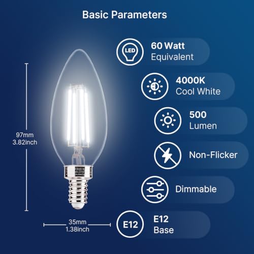 Image of B11 LED Candelabra Bulb, Dimmable, 60W Equivalent, 4W 500LM, 4000K Cool White, E12 Base, Clear Candle Light Bulb, Flicker-Free, 12 Pack UL,CA65 Listed.