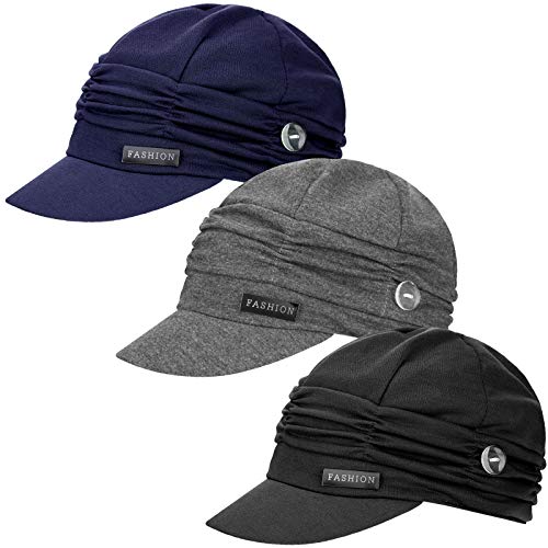 3 Pieces Newsboy Cabbie Cap Beret Hat Baseball Cap with Buttons Sun Brim for Woman Ladies (Navy Blue, Grey, Black)