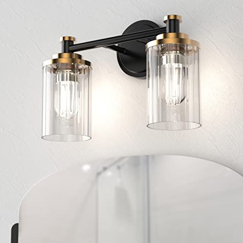 Image of Bathroom Lighting Fixtures Black and Brass Bathroom Vanity Light with Cylindrical Clear Stripes Glass Lampshade E26 Socket Base Bathroom Lighting Fixtures Over Mirror (2 Lights)