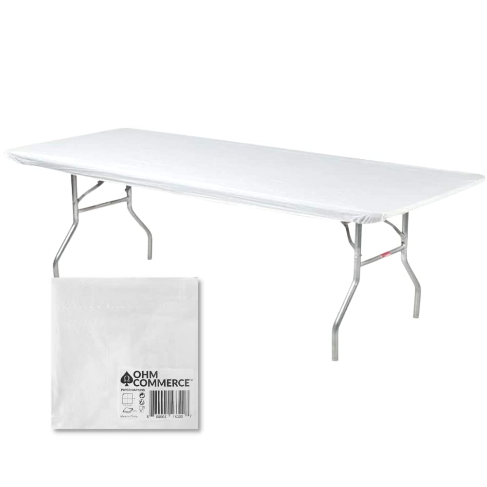 Kwik-Covers Rectangular Plastic Table 8' Covers Bundle of 5 with Seventy (70) Ohm Commerce Paper Napkins - Indoor or Outdoor Fitted Table Covers (Table NOT Included) (30" x 96" White)