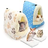 2 Hamster Hängematte, Kleintier-Winterhaus mit 2 Decken, Hängendes Schlafbett für Chinchilla, Ratte, Maus, Zuckersegelflugzeug, Hamster, Schlafruhe, Spiel, Meerschweinchen-Zubehör (Blau, Braun)